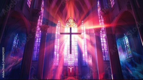 Illuminated by grace: Cathedral windows aglow with heavenly light, emphasizing the cross, symbolizing divine presence and spiritual guidance photo