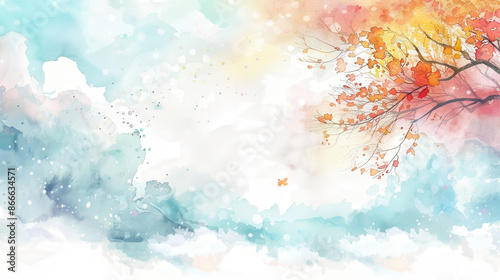 Abstract watercolor painting featuring an assortment of autumn leaves on a branch, amidst a vibrant mist of soft blues, whites, and pastel colors. The artwork exudes a peaceful