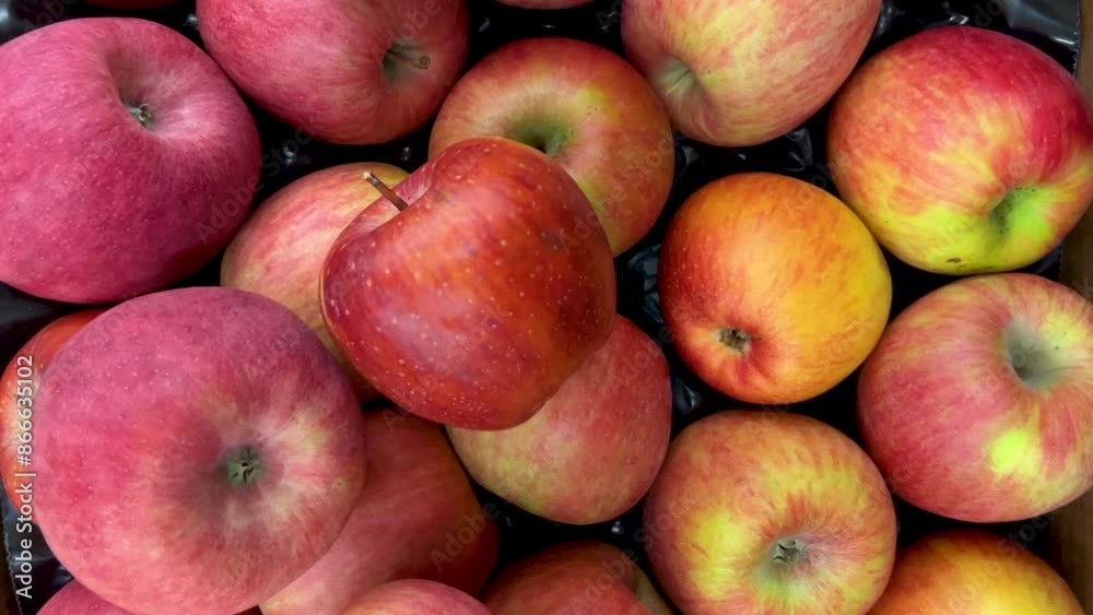 Red apples of the Fuji variety in top view in tracking shot on greengrocer stall Red apples of the Fuji variety in top view in tracking shot on greengrocer stall