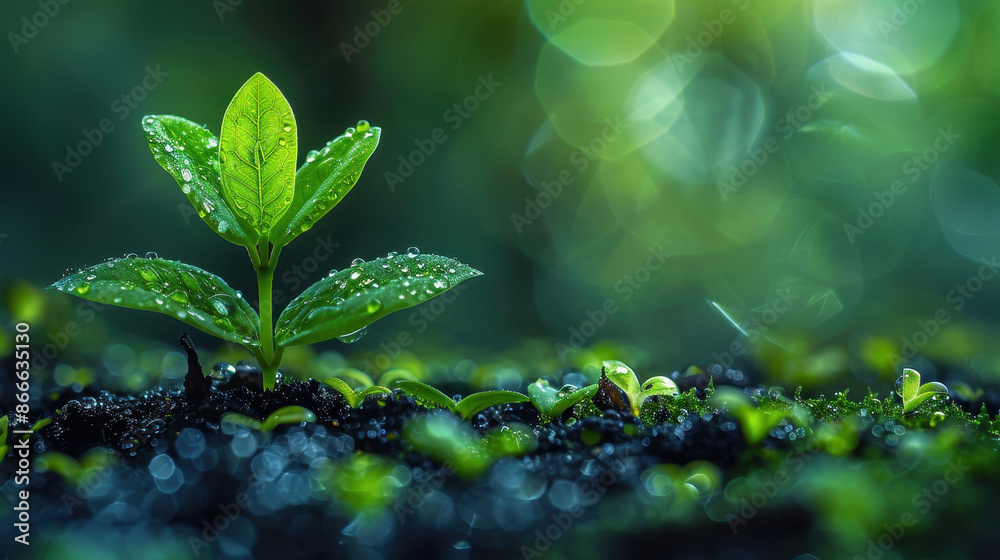 Freshness captured: A young green plant emerges from the soil, adorned with glistening water droplets, creating a vibrant and lively atmosphere Freshness captured: A young green plant emerges from the soil, adorned with glistening water droplets, creating a vibrant and lively atmosphere
