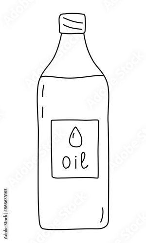 Vegetable cooking oil in transparent bottle, doodle style flat vector outline for coloring book