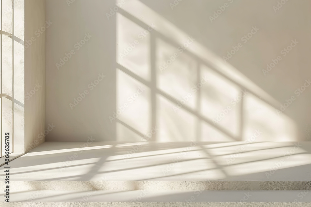 Fototapeta premium A beige studio background is set for product presentations, featuring shadows from a window and sunlight casting across an empty room with white walls and floors