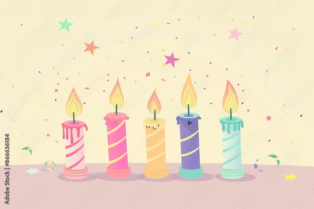 A flat design animation of birthday candles in a side view, featuring a colorful pastel theme. This illustration captures the festive and cheerful atmosphere of a birthday party A flat design animation of birthday candles in a side view, featuring a colorful pastel theme. This illustration captures the festive and cheerful atmosphere of a birthday party