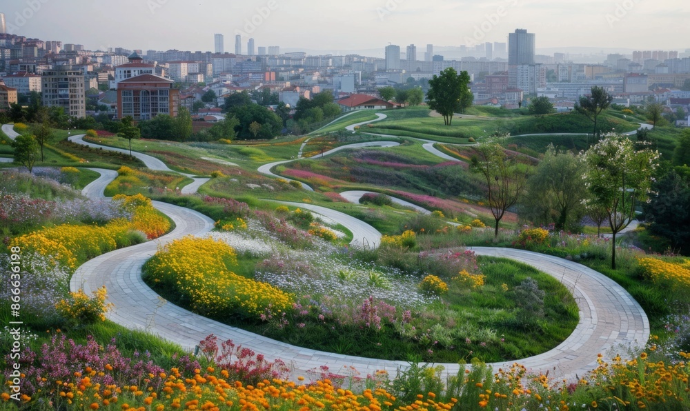 A close-up of a city park seen from above, with winding paths, blooming flowers, and the cityscape in the background A close-up of a city park seen from above, with winding paths, blooming flowers, and the cityscape in the background