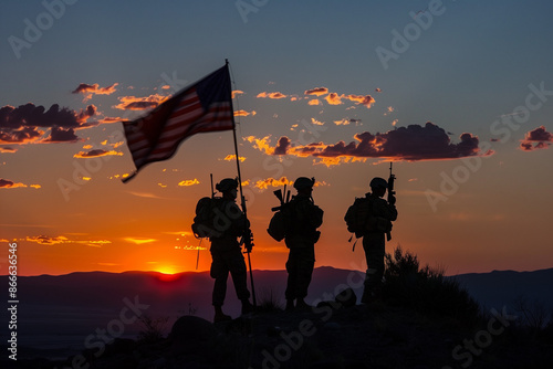 Silhouetted Soldiers Standing with American Flag at Sunset