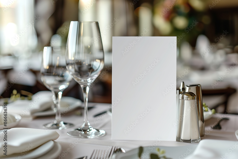 A mockup of a white blank space card, designed for a greeting, table number, or wedding invitation template, positioned against a wedding table setting background