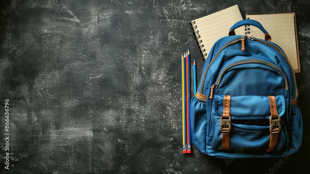 Back to school concept featuring a blue schoolbag filled with pencils and a notebook on a black chalkboard background. Top view in a flat lay style with copy space for text Back to school concept featuring a blue schoolbag filled with pencils and a notebook on a black chalkboard background. Top view in a flat lay style with copy space for text