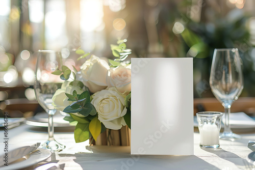 A mockup of a white blank space card, designed for a greeting, table number, or wedding invitation template, positioned against a wedding table setting background