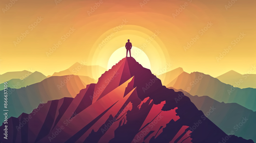 Silhouette of a Person Standing on Mountain Peak at Sunrise with Vibrant Colors and Majestic Landscape Silhouette of a Person Standing on Mountain Peak at Sunrise with Vibrant Colors and Majestic Landscape