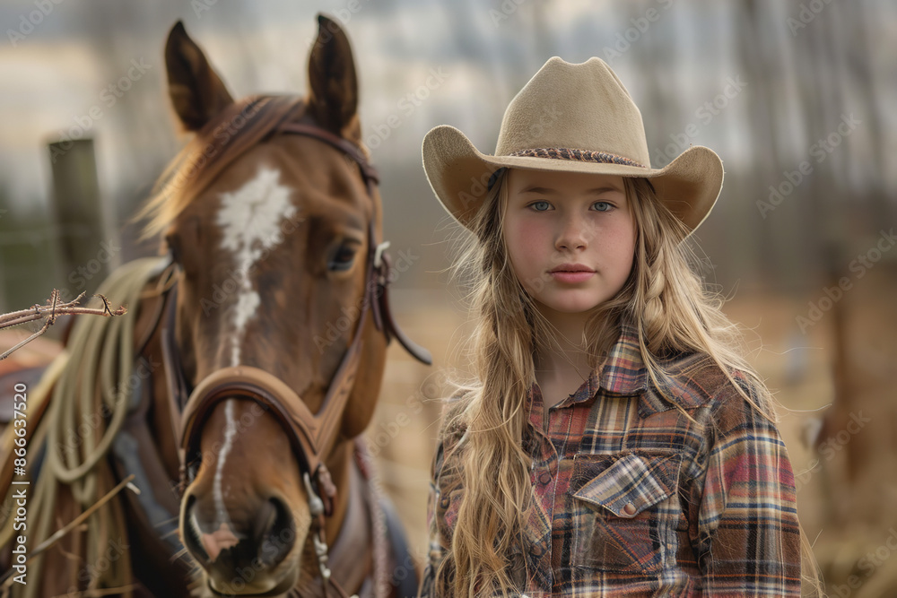 A young cowgirl stands proudly beside her horse in the picturesque countryside, embodying the essence of Western lifestyle A young cowgirl stands proudly beside her horse in the picturesque countryside, embodying the essence of Western lifestyle