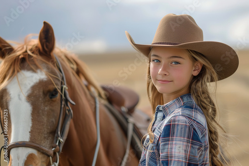 A young cowgirl stands proudly beside her horse in the picturesque countryside, embodying the essence of Western lifestyle