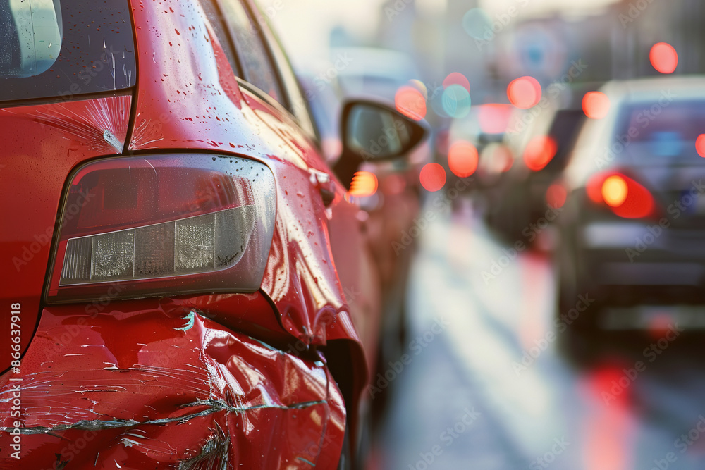 In a close-up shot, a red car is depicted with rear-end damage from a traffic accident. The focus is on the damaged area, highlighting the impact of the collision