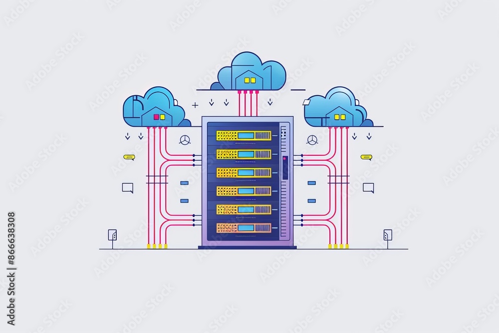 Naklejka premium web design a server connected with network cables to the cloud, cute illustration simple, flat minimal vector flat, composition, swiss, bold lettering, white background 