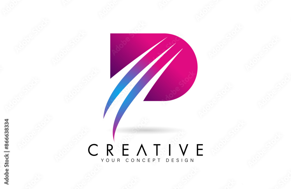 Letter P p Logo Design in purple blue colors with negative space Swooshes and creative font cut Letter P p Logo Design in purple blue colors with negative space Swooshes and creative font cut