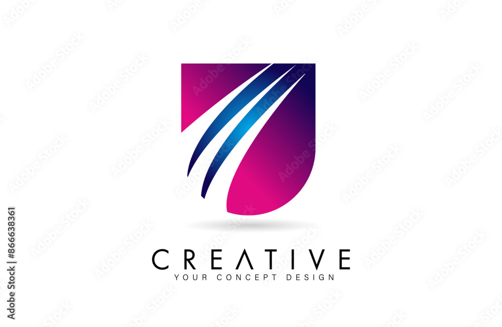 Letter U u Logo Design in purple blue colors with negative space Swooshes and creative font cut
