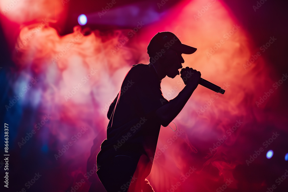The silhouette of a rapper, donning a cap and holding a microphone, delivers powerful lyrics under vibrant stage lights The silhouette of a rapper, donning a cap and holding a microphone, delivers powerful lyrics under vibrant stage lights