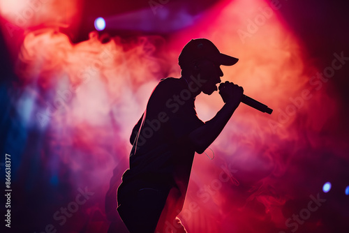 Obraz na płótnie The silhouette of a rapper, donning a cap and holding a microphone, delivers powerful lyrics under vibrant stage lights w salonie