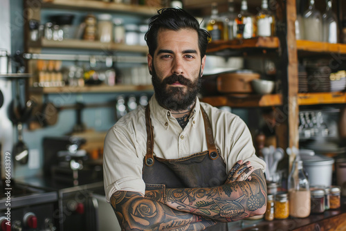 Obraz na płótnie The man with tattoos wears an apron, embodying a rugged and artistic appearance. His tattoos add a unique flair to his attire w salonie