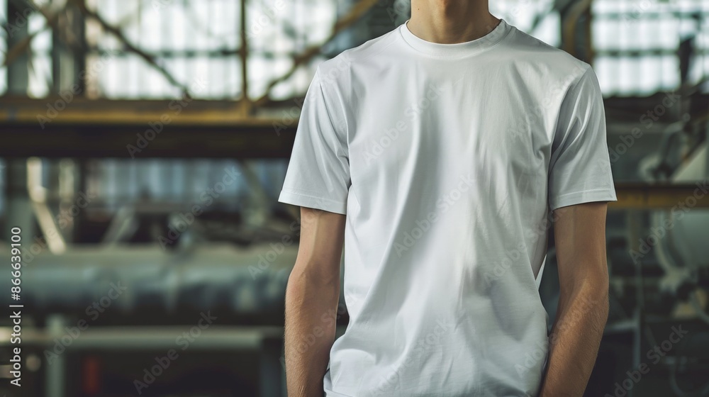 Man in blank t-shirt mockup before industrial background Man in blank t-shirt mockup before industrial background