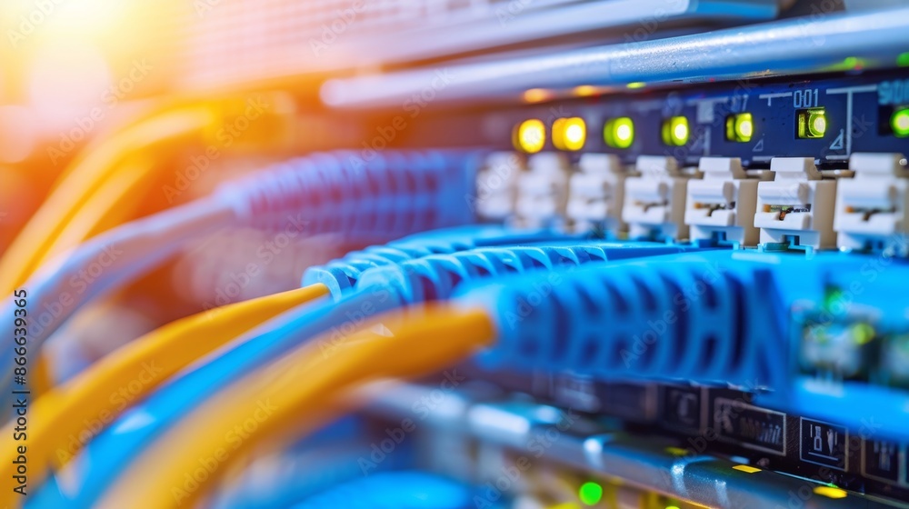 The data center concept includes a network switch and ethernet cables. The data center concept includes a network switch and ethernet cables.