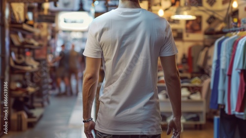 Man in white shirt strolls through store, revealing back for mockups