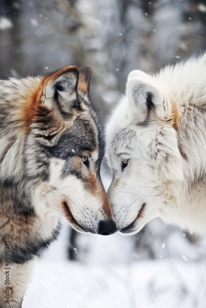Fototapeta premium Wolves tender moment. Wildlife photography, nature documentaries, themes of love and companionship.