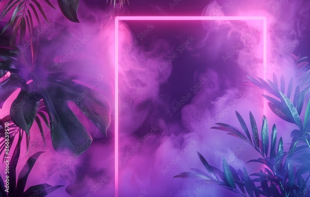 Fototapeta premium Abstract background with neon lights and bokeh. Silhouettes of tropical leaves.