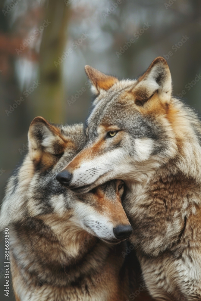 Fototapeta premium Wolves tender moment. Wildlife photography, nature documentaries, themes of love and companionship.