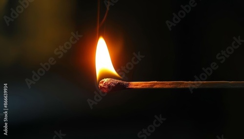 Close-up of a burning matchstick with a bright flaming tip against a dark background. Concept of ignition, warmth, and energy. photo