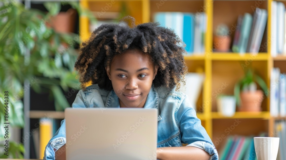 An African girl student watches a video course, participating in distance e-learning, and studying with an online teacher by webcam. Remote education, work from home concept, close-up shot of a An African girl student watches a video course, participating in distance e-learning, and studying with an online teacher by webcam. Remote education, work from home concept, close-up shot of a