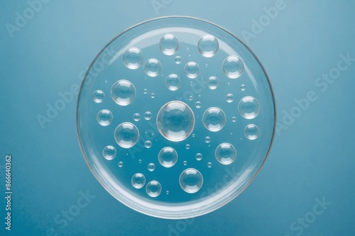 Top view shot of air bubbles coming out from lab dropper and floating on the surface of transparend liquid in petri dish on pale blue background photo