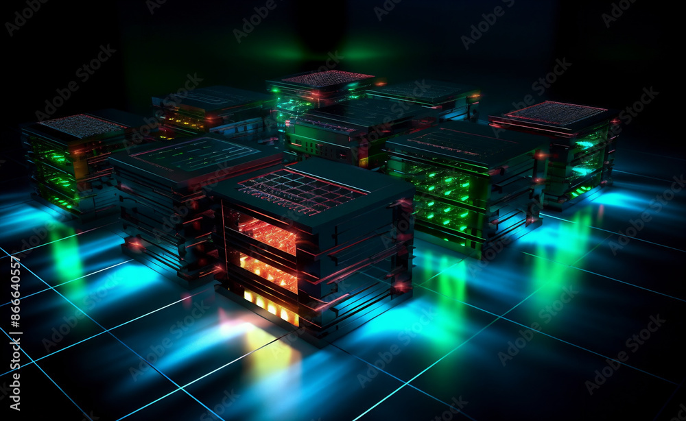 a group of buildings with lights on them in the dark with a black background and a blue floor with a black light, a group of buildings with lights on them in the dark with a black background and a blue floor with a black light,