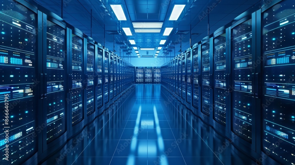 Concept of network and internet communication technology, data center interior, server racks with telecommunication equipment Concept of network and internet communication technology, data center interior, server racks with telecommunication equipment