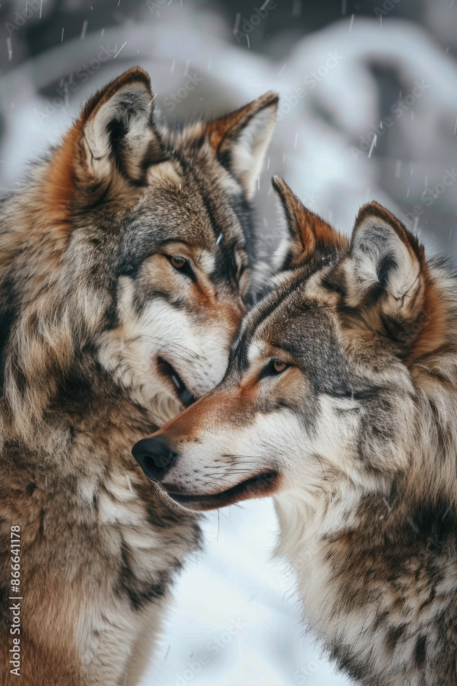 Fototapeta premium Wolves tender moment. Wildlife photography, nature documentaries, themes of love and companionship.