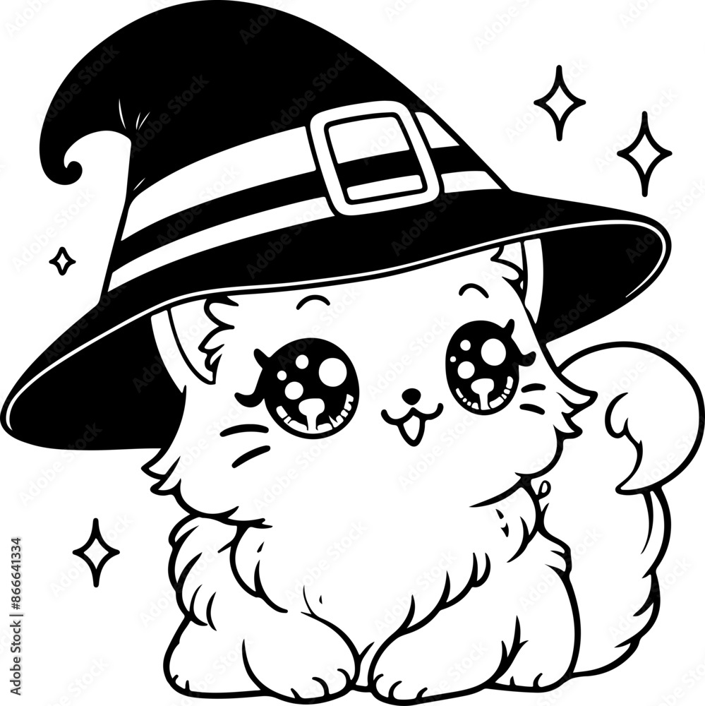 Dessin kawaii au trait de chat pour livre de coloriage pour adulte ou enfant. Trait noir totalement isolé du fond. Idéal pour conception a ajuster dans votre livre ou cahier. 