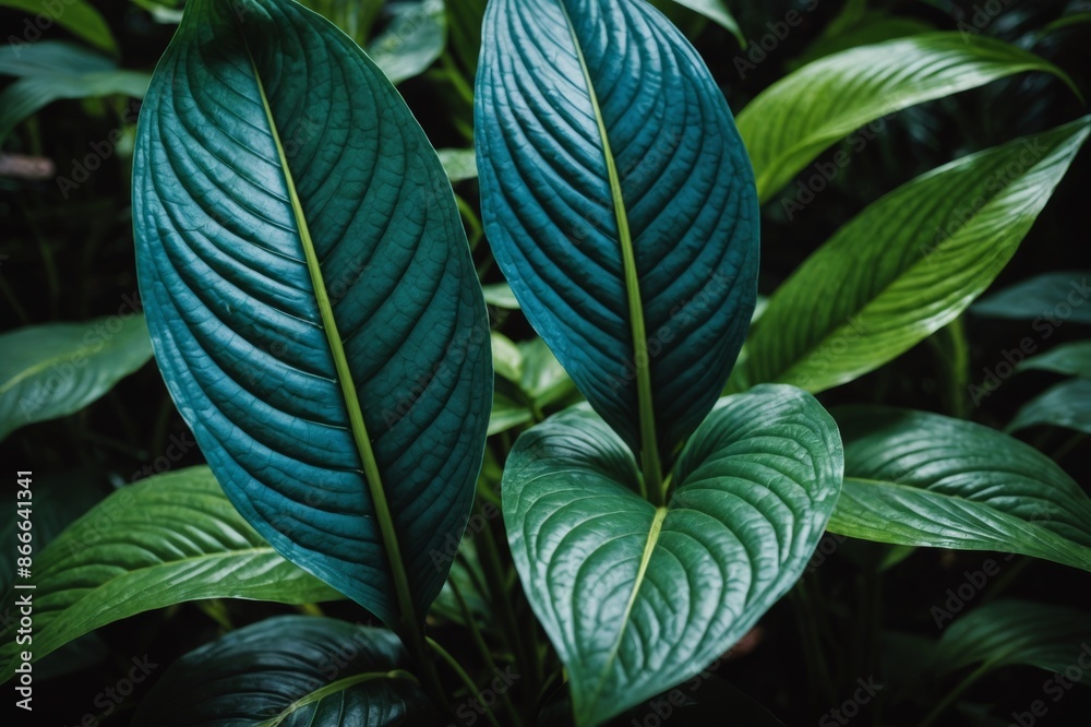 Close-up detail macro texture bright blue green leave tropical forest plant spathiphyllum cannifolium in dark nature background Close-up detail macro texture bright blue green leave tropical forest plant spathiphyllum cannifolium in dark nature background