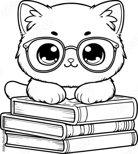Dessin kawaii au trait de chat pour livre de coloriage pour adulte ou enfant. Trait noir totalement isolé du fond. Idéal pour conception a ajuster dans votre livre ou cahier. 