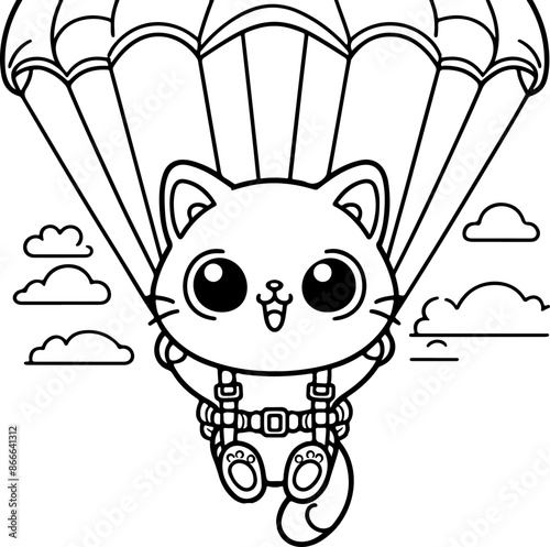 Dessin kawaii au trait de chat pour livre de coloriage pour adulte ou enfant. Trait noir totalement isolé du fond. Idéal pour conception a ajuster dans votre livre ou cahier. 
