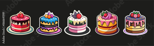 set of  cakes, cake cartoon sticker set, illustration of a background, Cake emoji isolated on black background.,  Cake sticker, illustration of a cake. birthday cake, birthday cake with black backgrou