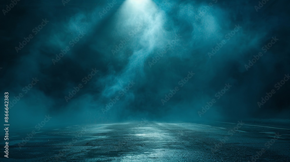 The scene is dark, wet asphalt, reflections in the water. An abstract dark blue background with smoke and smog. A dark, empty scene with neon lights and spotlights. The scene is dark, wet asphalt, reflections in the water. An abstract dark blue background with smoke and smog. A dark, empty scene with neon lights and spotlights.