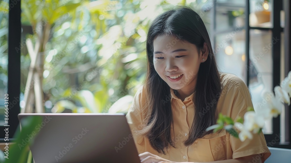 An attractive young woman working in a modern office using a laptop, a businesswoman in casual wear working at her home office on a new product development strategy. An attractive young woman working in a modern office using a laptop, a businesswoman in casual wear working at her home office on a new product development strategy.