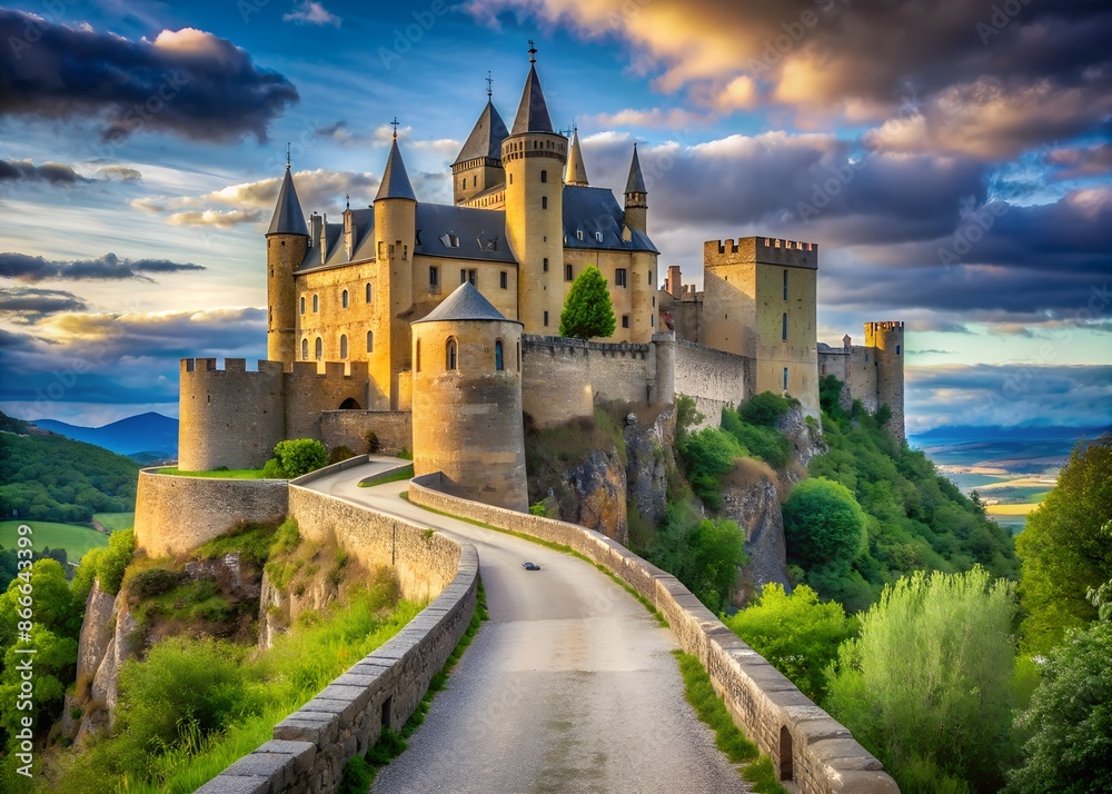 Fototapeta premium A narrow winding road leading over a wide bridge leads to a majestic high castle