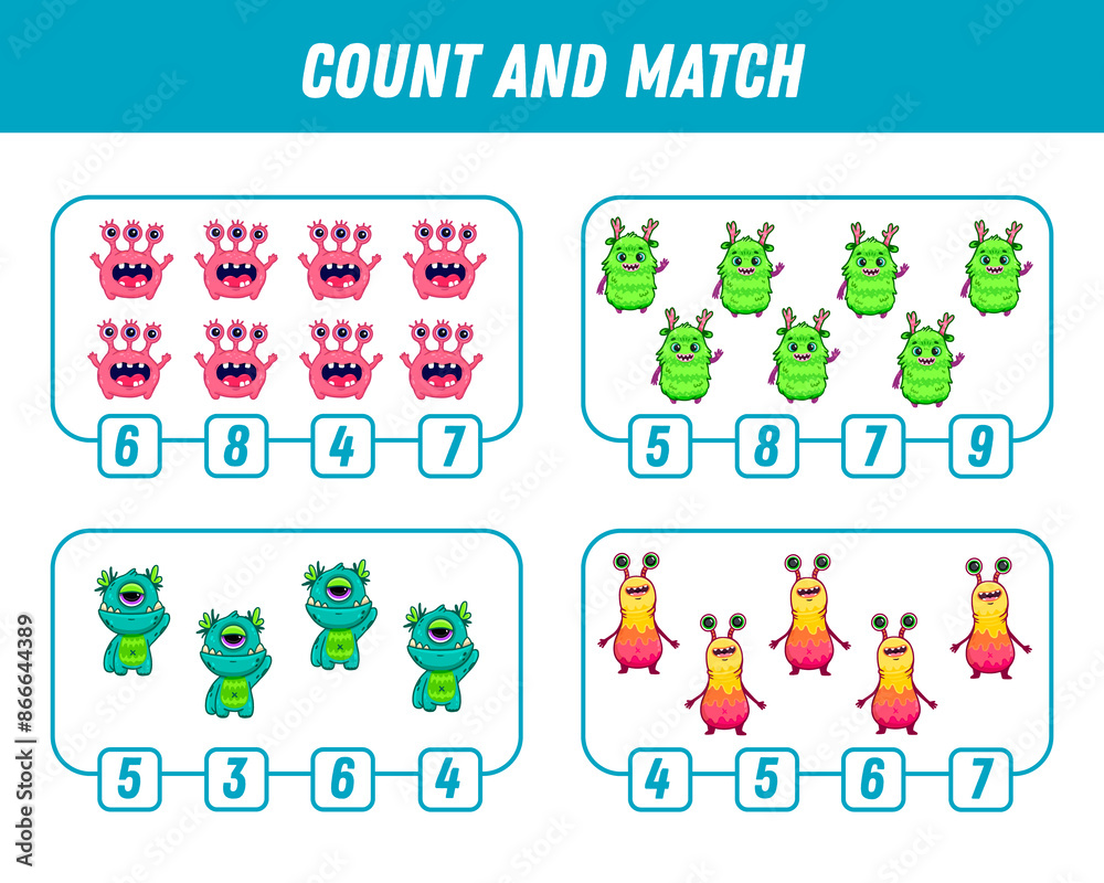 Education game for children count and match of cute cartoon monsters, printable worksheet. Education game for children count and match of cute cartoon monsters, printable worksheet.