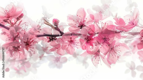 Fototapeta Naklejka Na Ścianę i Meble -  Beautiful watercolor illustration of pink cherry blossom flowers on a branch against a light background, perfect for spring themed designs.