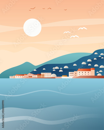 Coastal town landscape with buildings hills sea and birds under a setting sun in a minimalist style