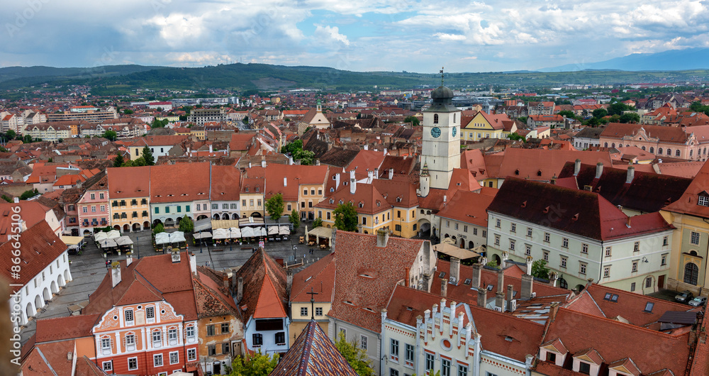 panoramic view from the tower of the Lutheran Cathedral of Saint Mary towards north-east across the roofs of Sibiu (Hermannstadt), Romania panoramic view from the tower of the Lutheran Cathedral of Saint Mary towards north-east across the roofs of Sibiu (Hermannstadt), Romania