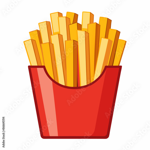 A red bucket filled with french fries on a white background