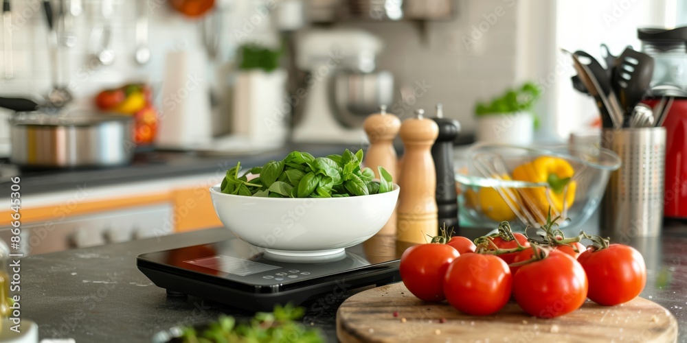a smart kitchen scale, with a bowl of ingredients and a digital readout showing precise measurements a smart kitchen scale, with a bowl of ingredients and a digital readout showing precise measurements