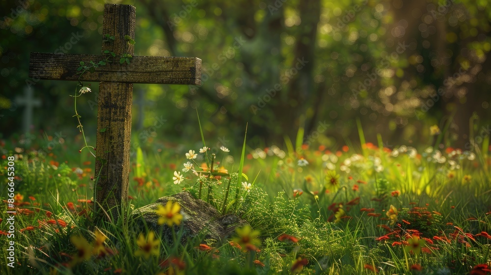Sacred beauty: An aged wooden cross graces a tranquil meadow, harmonizing with the verdant grass and blossoming flowers in a serene setting Sacred beauty: An aged wooden cross graces a tranquil meadow, harmonizing with the verdant grass and blossoming flowers in a serene setting