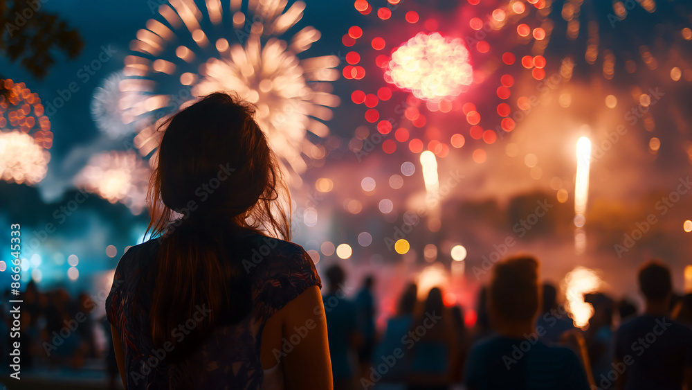 Fototapeta premium Back View of a Woman Watching Vibrant Fireworks During Independence Day Celebration at Night